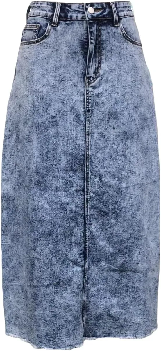 Long Denim Skirts for Women Maxi Paperbag High Waist Frayed Raw Hem A line Flare Jean Skirt with Pockets