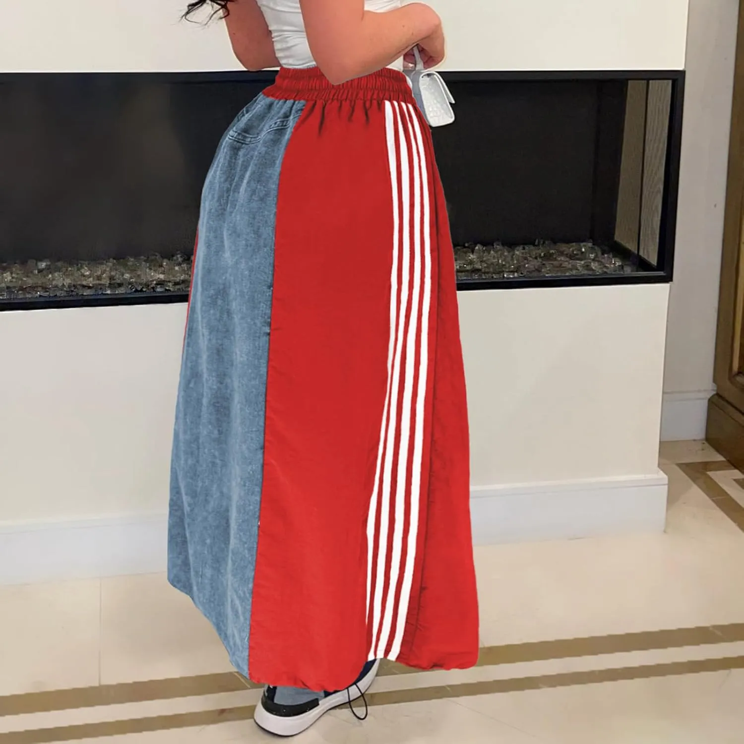Long Jean Skirt for Women Plus Size High Waisted Stretchy A Line Denim Skirt Patchwork Stripe Maxi Denim Skirts