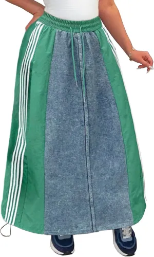 Long Jean Skirt for Women Plus Size High Waisted Stretchy A Line Denim Skirt Patchwork Stripe Maxi Denim Skirts