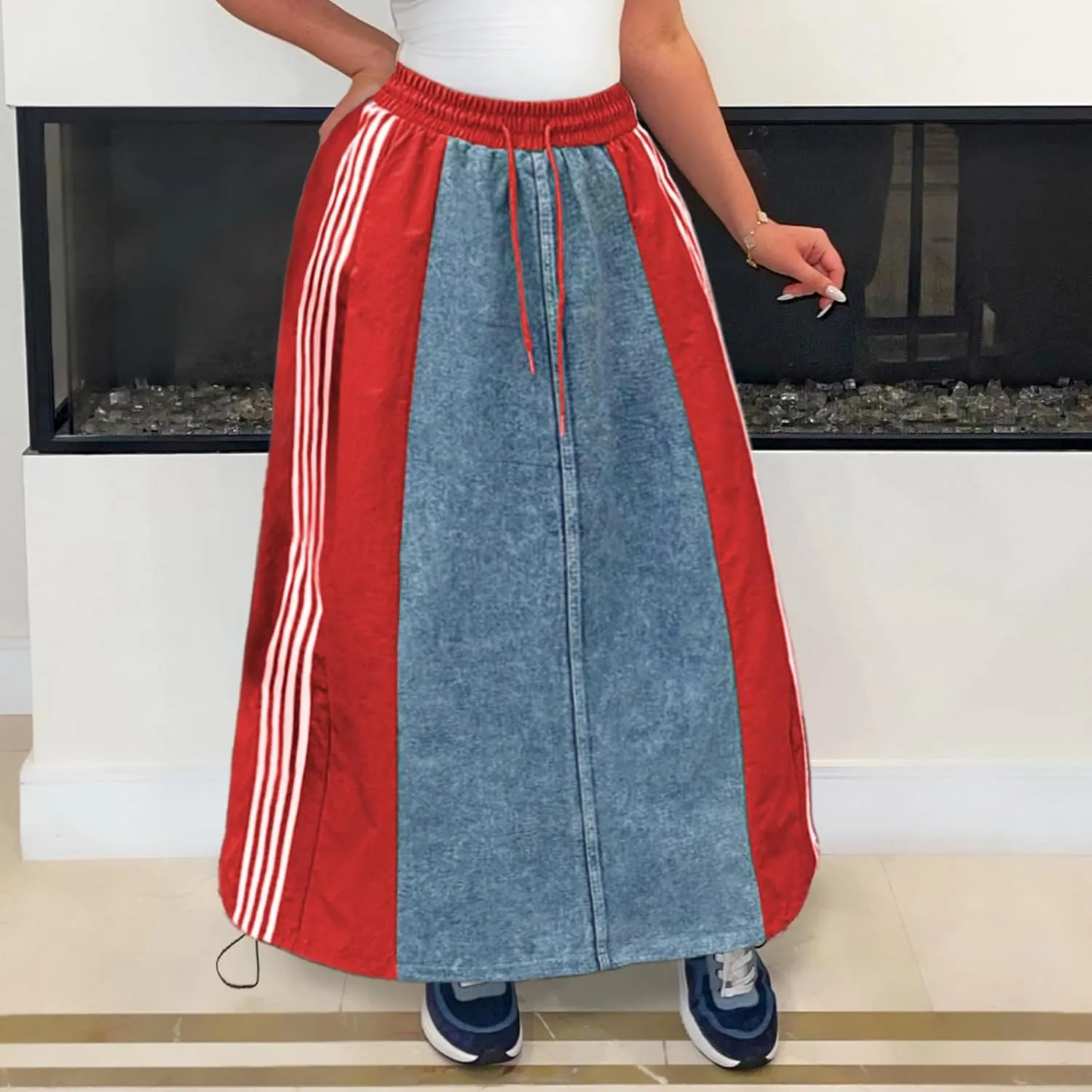 Long Jean Skirt for Women Plus Size High Waisted Stretchy A Line Denim Skirt Patchwork Stripe Maxi Denim Skirts