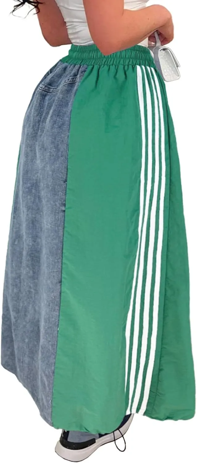 Long Jean Skirt for Women Plus Size High Waisted Stretchy A Line Denim Skirt Patchwork Stripe Maxi Denim Skirts