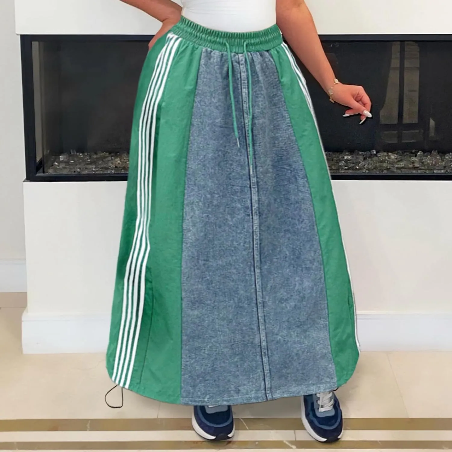 Long Jean Skirt for Women Plus Size High Waisted Stretchy A Line Denim Skirt Patchwork Stripe Maxi Denim Skirts