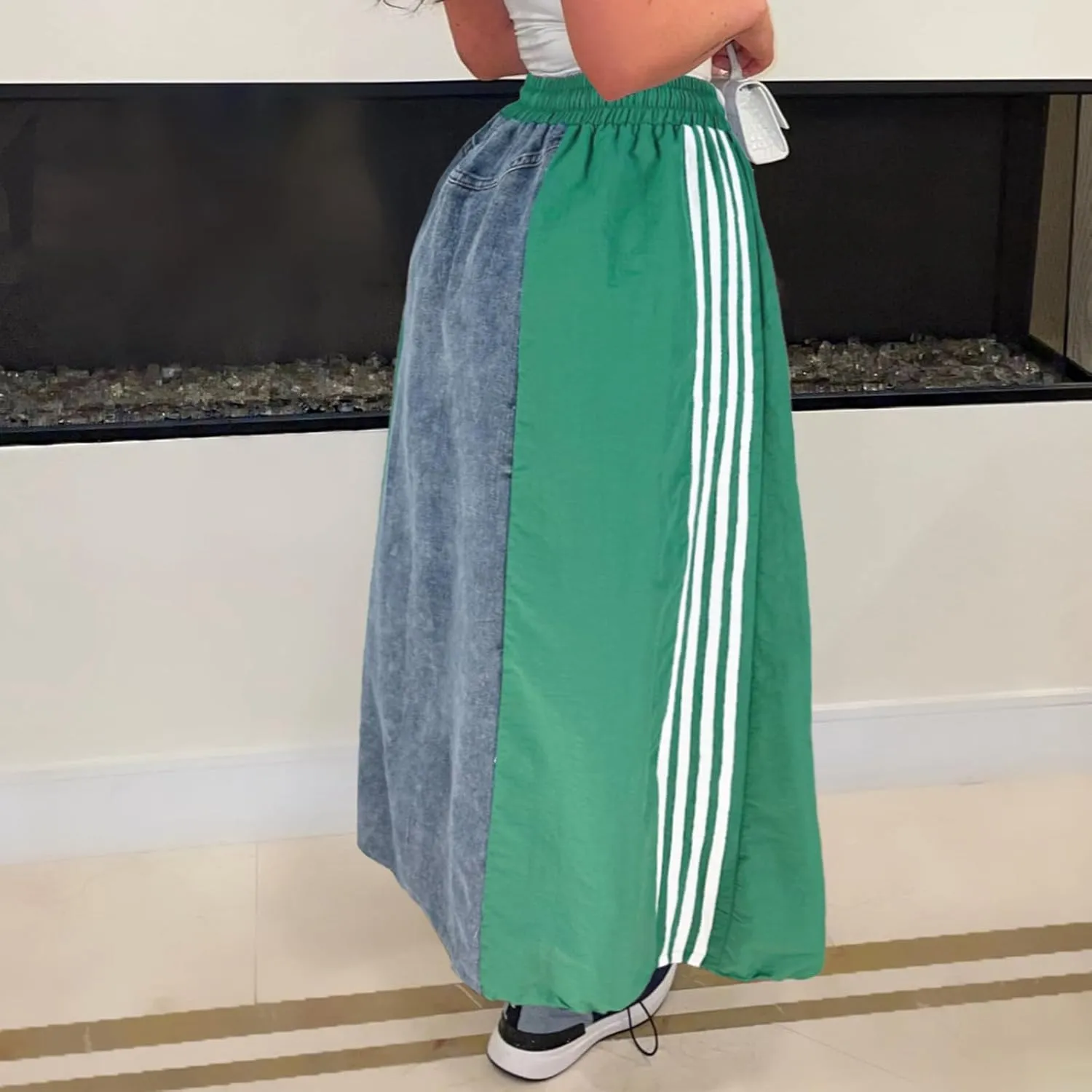 Long Jean Skirt for Women Plus Size High Waisted Stretchy A Line Denim Skirt Patchwork Stripe Maxi Denim Skirts