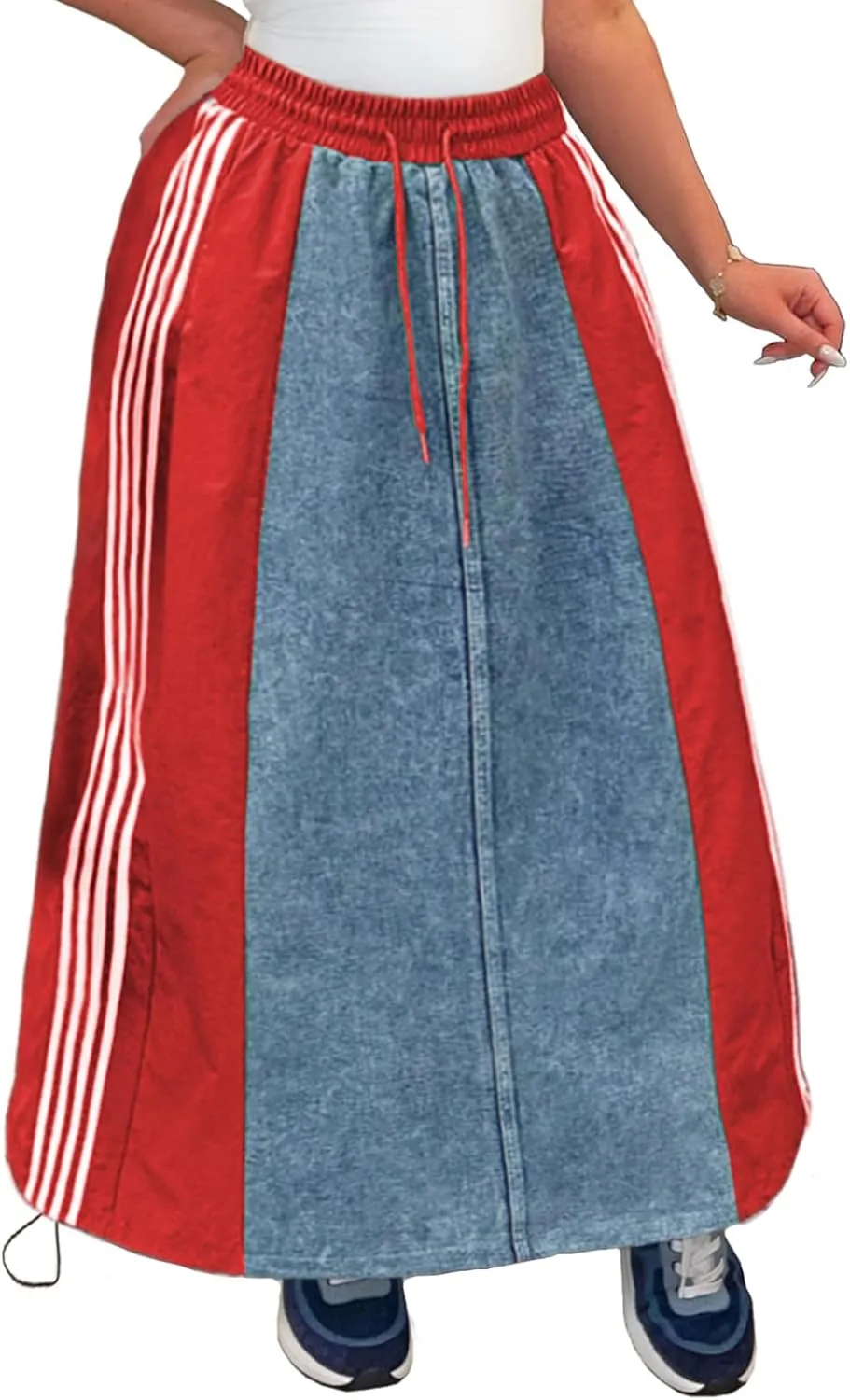 Long Jean Skirt for Women Plus Size High Waisted Stretchy A Line Denim Skirt Patchwork Stripe Maxi Denim Skirts