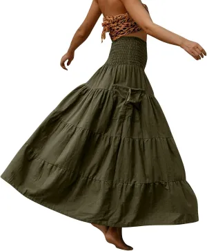 Long Maxi Skirts for Women Boho Solid High Waisted Casual A Line Skirt Pleated Beach Flowy Swing Midi Skirt