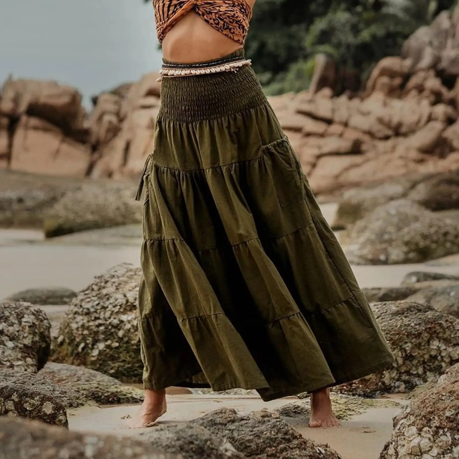 Long Maxi Skirts for Women Boho Solid High Waisted Casual A Line Skirt Pleated Beach Flowy Swing Midi Skirt