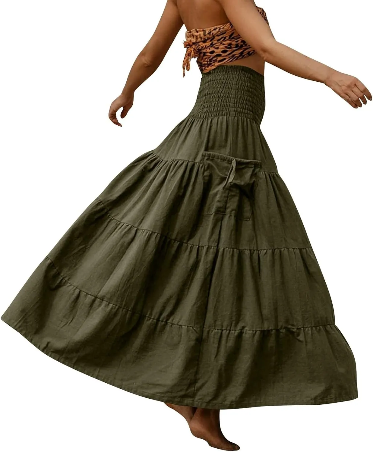 Long Maxi Skirts for Women Boho Solid High Waisted Casual A Line Skirt Pleated Beach Flowy Swing Midi Skirt