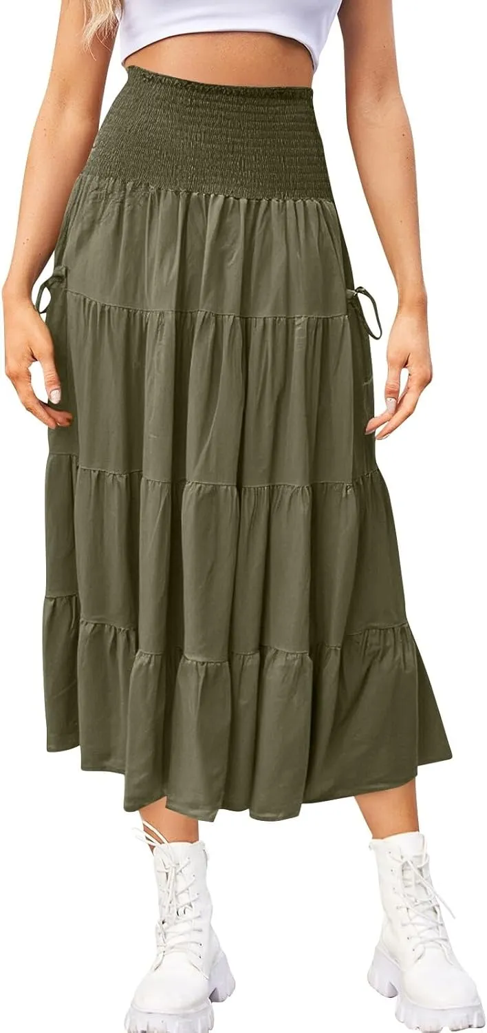 Long Maxi Skirts for Women Boho Solid High Waisted Casual A Line Skirt Pleated Beach Flowy Swing Midi Skirt