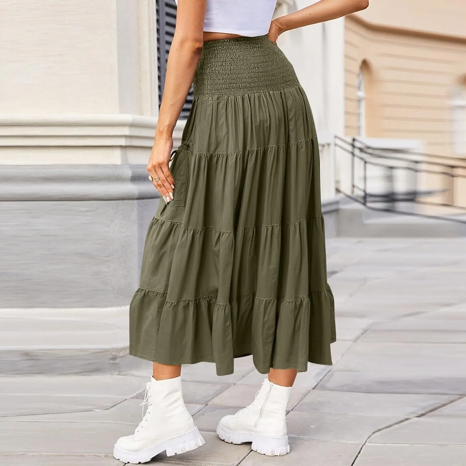 Long Maxi Skirts for Women Boho Solid High Waisted Casual A Line Skirt Pleated Beach Flowy Swing Midi Skirt