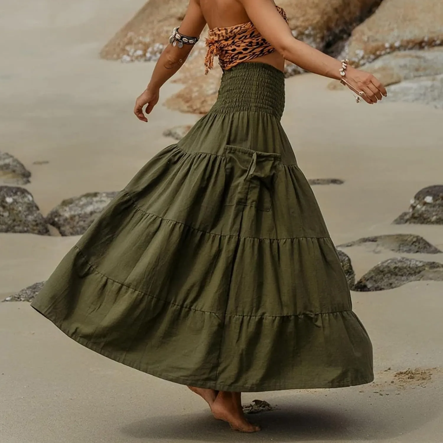 Long Maxi Skirts for Women Boho Solid High Waisted Casual A Line Skirt Pleated Beach Flowy Swing Midi Skirt
