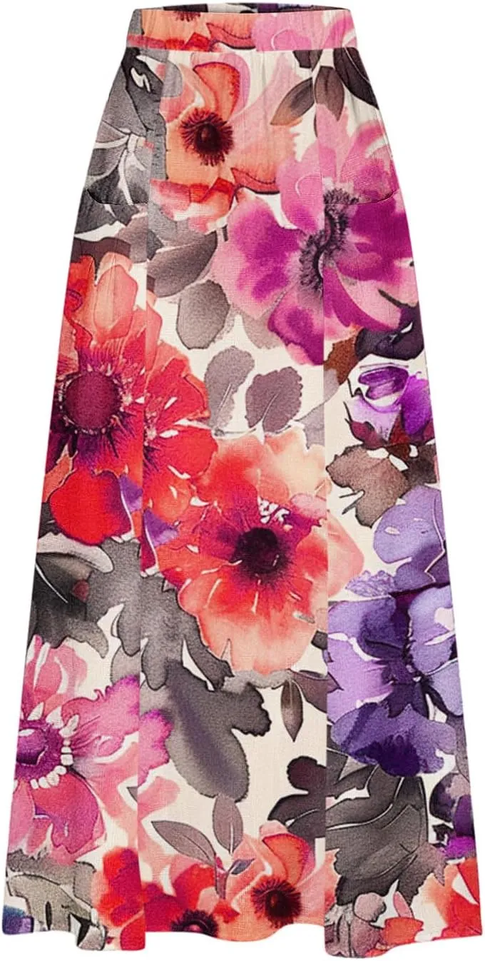 Long Skirts for Women Casual Floral High Waist Pocket Maxi Skirt Boho Flowy Pleated Half Dress Trendy Bohemian Skirts