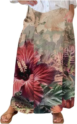 Long Skirts for Women Casual Floral High Waist Pocket Maxi Skirt Boho Flowy Pleated Half Dress Trendy Bohemian Skirts