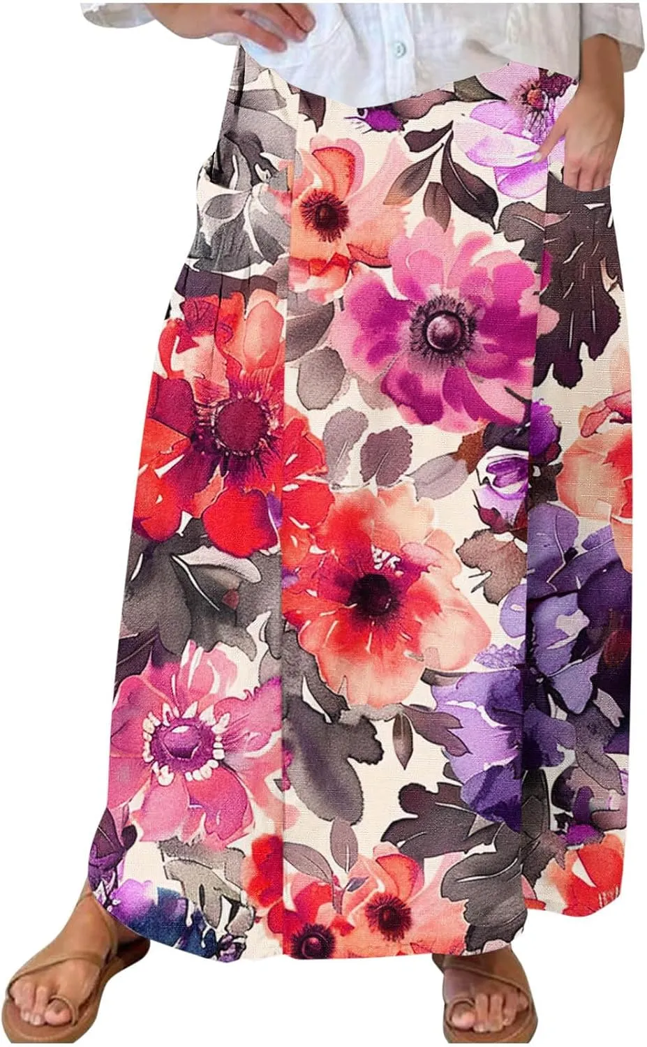 Long Skirts for Women Casual Floral High Waist Pocket Maxi Skirt Boho Flowy Pleated Half Dress Trendy Bohemian Skirts