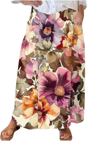 Long Skirts for Women Casual Floral High Waist Pocket Maxi Skirt Boho Flowy Pleated Half Dress Trendy Bohemian Skirts