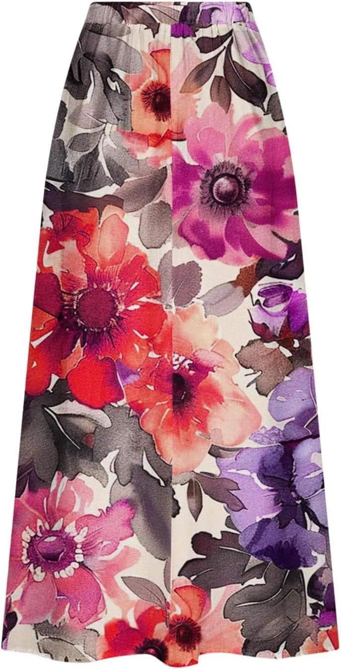 Long Skirts for Women Casual Floral High Waist Pocket Maxi Skirt Boho Flowy Pleated Half Dress Trendy Bohemian Skirts