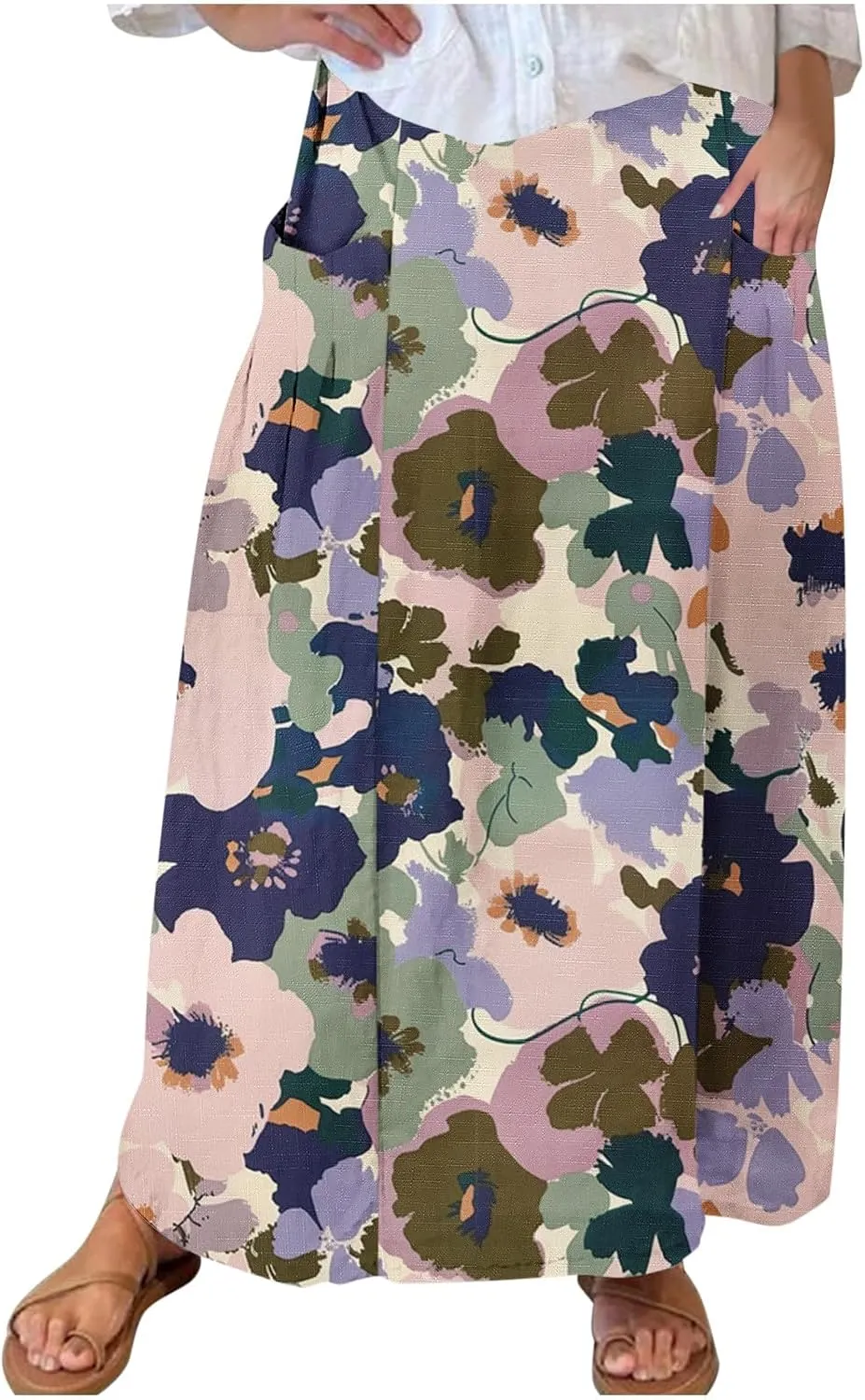 Long Skirts for Women Casual Floral High Waist Pocket Maxi Skirt Boho Flowy Pleated Half Dress Trendy Bohemian Skirts