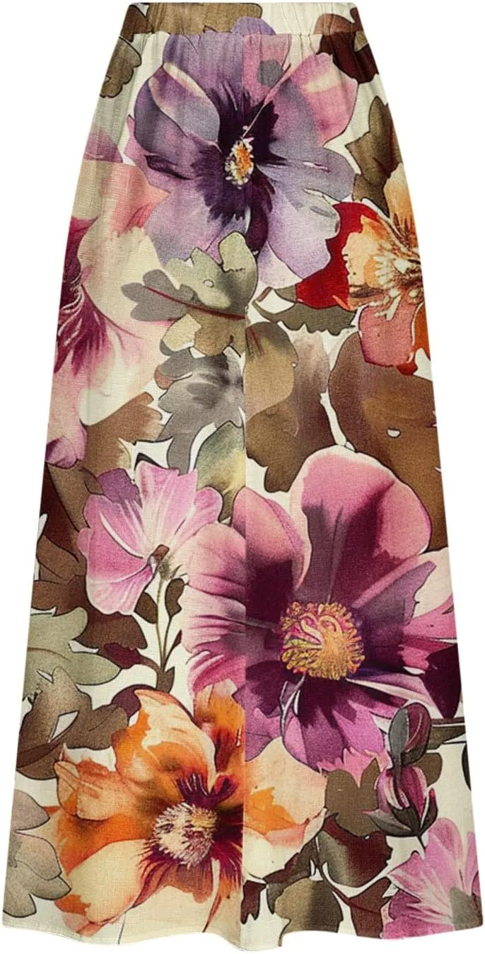 Long Skirts for Women Casual Floral High Waist Pocket Maxi Skirt Boho Flowy Pleated Half Dress Trendy Bohemian Skirts