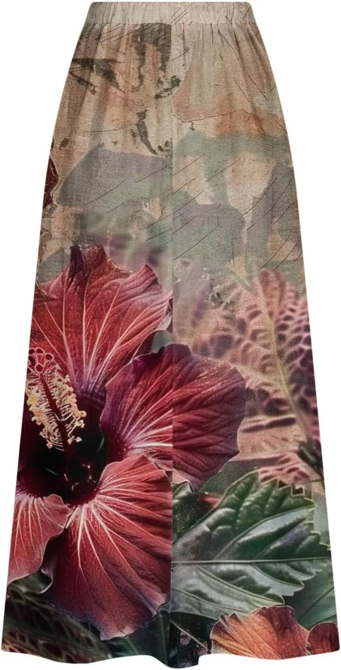 Long Skirts for Women Casual Floral High Waist Pocket Maxi Skirt Boho Flowy Pleated Half Dress Trendy Bohemian Skirts