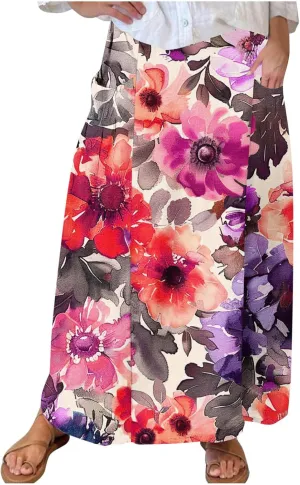 Long Skirts for Women Casual Floral High Waist Pocket Maxi Skirt Boho Flowy Pleated Half Dress Trendy Bohemian Skirts