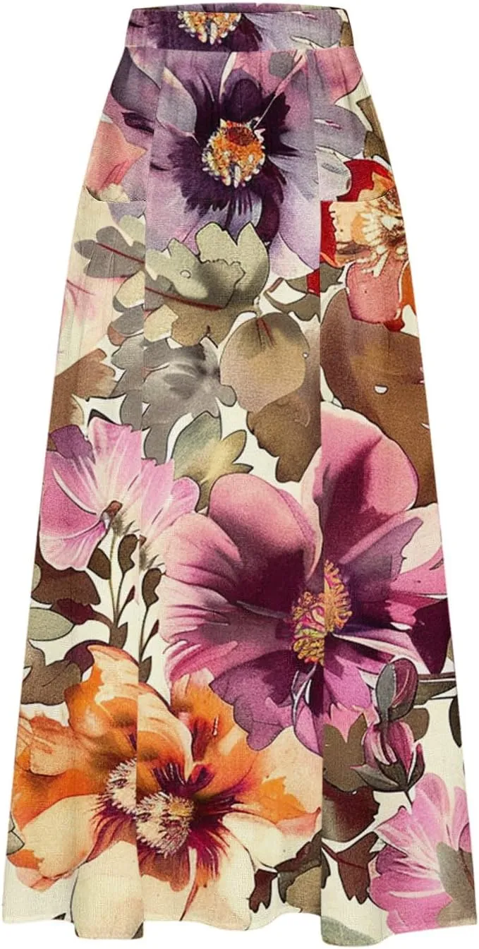 Long Skirts for Women Casual Floral High Waist Pocket Maxi Skirt Boho Flowy Pleated Half Dress Trendy Bohemian Skirts
