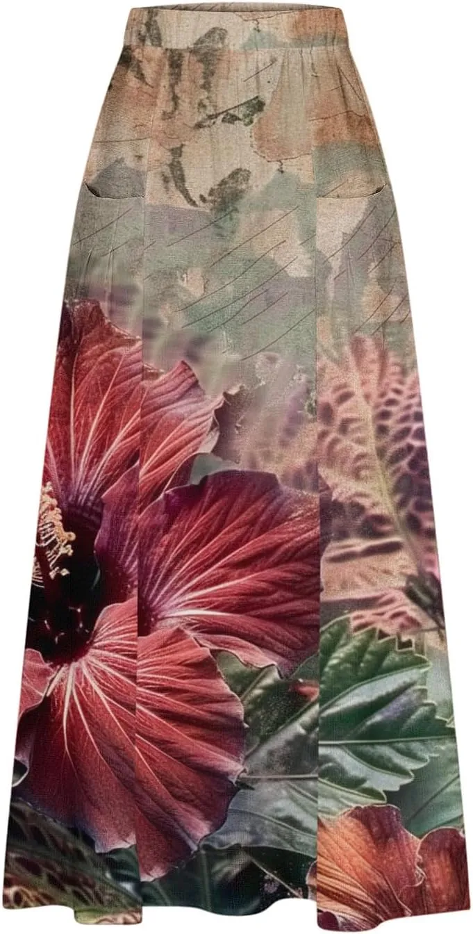 Long Skirts for Women Casual Floral High Waist Pocket Maxi Skirt Boho Flowy Pleated Half Dress Trendy Bohemian Skirts