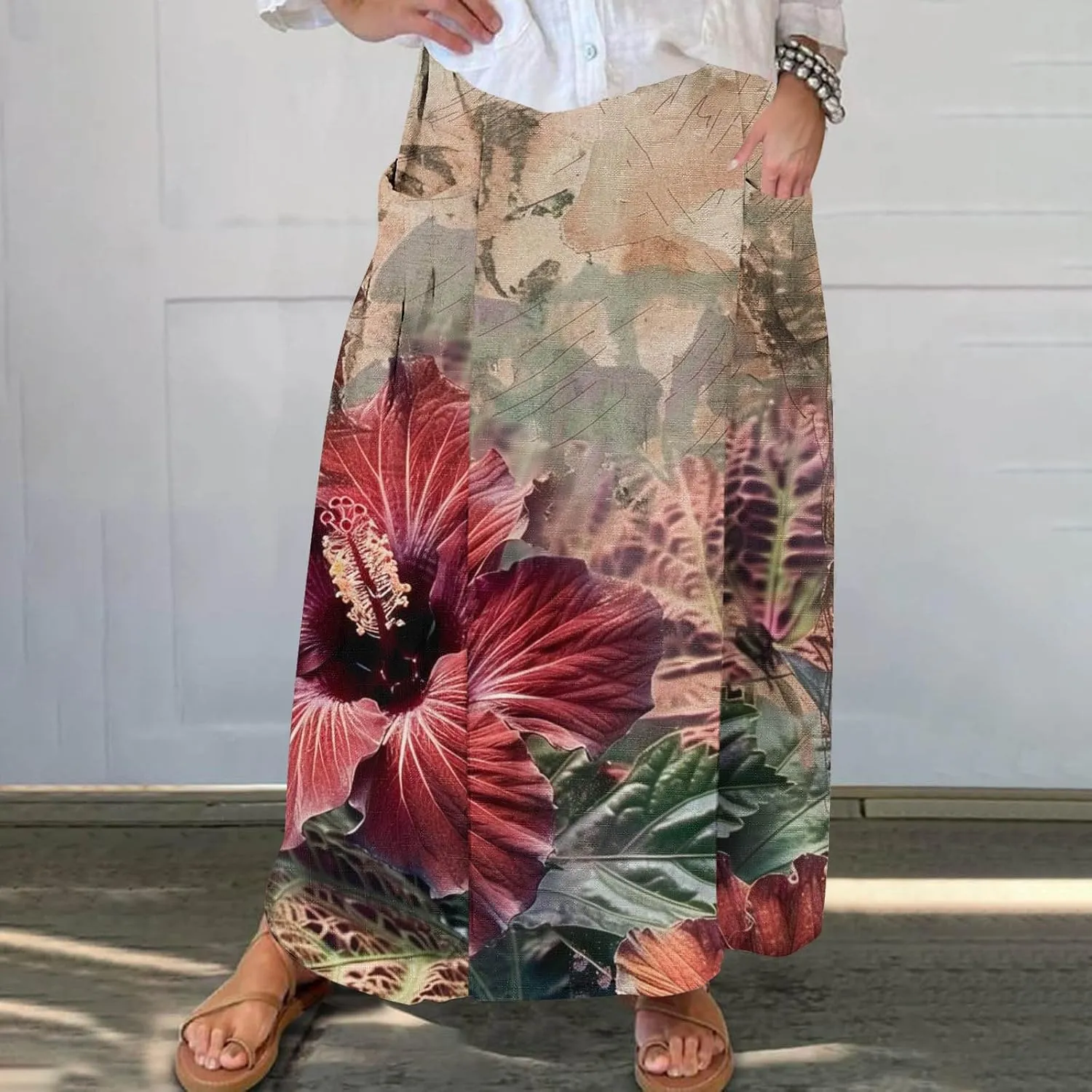 Long Skirts for Women Casual Floral High Waist Pocket Maxi Skirt Boho Flowy Pleated Half Dress Trendy Bohemian Skirts