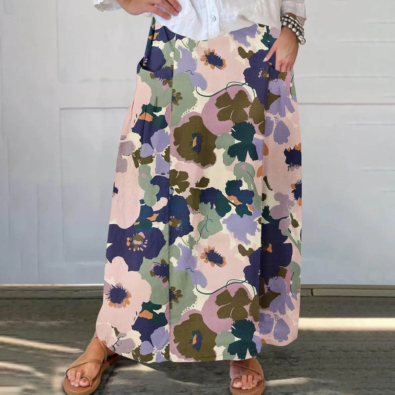 Long Skirts for Women Casual Floral High Waist Pocket Maxi Skirt Boho Flowy Pleated Half Dress Trendy Bohemian Skirts