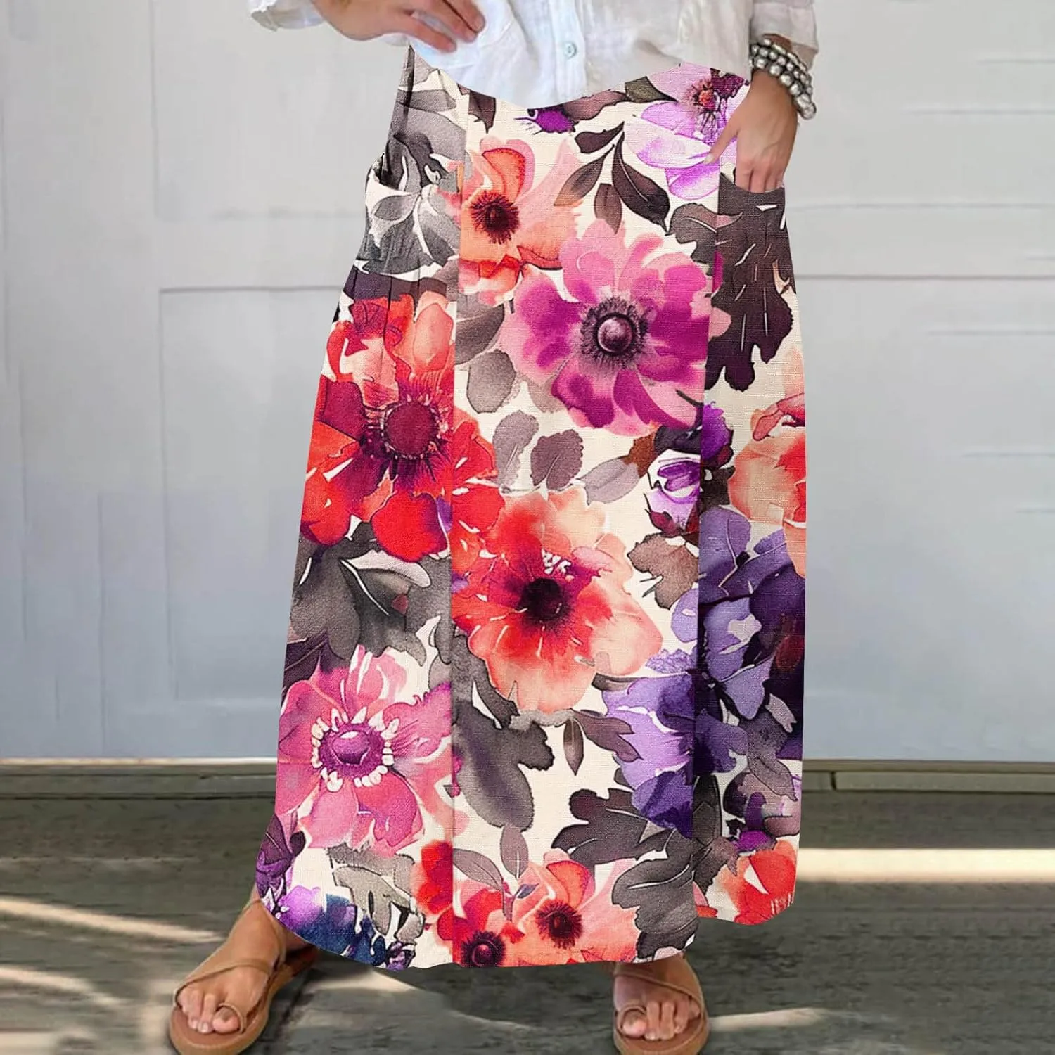 Long Skirts for Women Casual Floral High Waist Pocket Maxi Skirt Boho Flowy Pleated Half Dress Trendy Bohemian Skirts