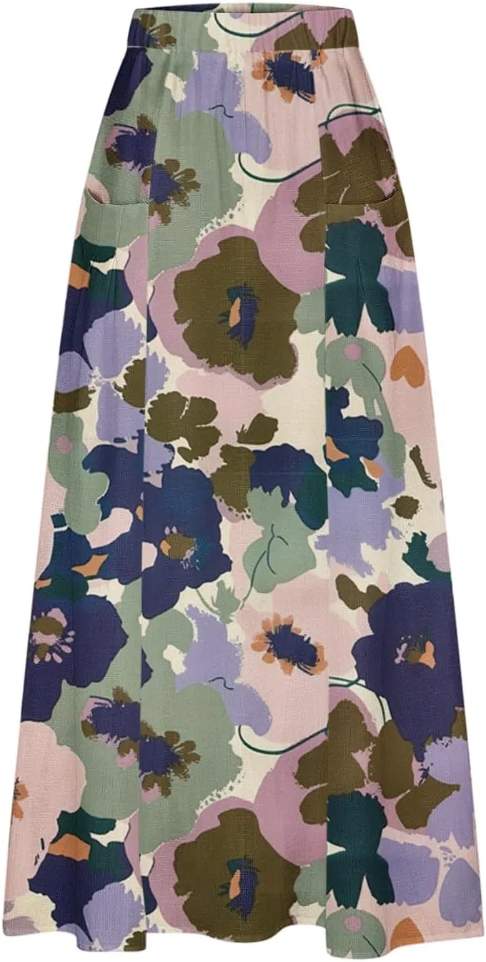 Long Skirts for Women Casual Floral High Waist Pocket Maxi Skirt Boho Flowy Pleated Half Dress Trendy Bohemian Skirts