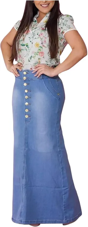 Long Skirts for Women Hip-Wrapped Buttons Denim Skirt A-Line Maxi Jean Skirts Trendy Slim Jeans Skirt with Pocket