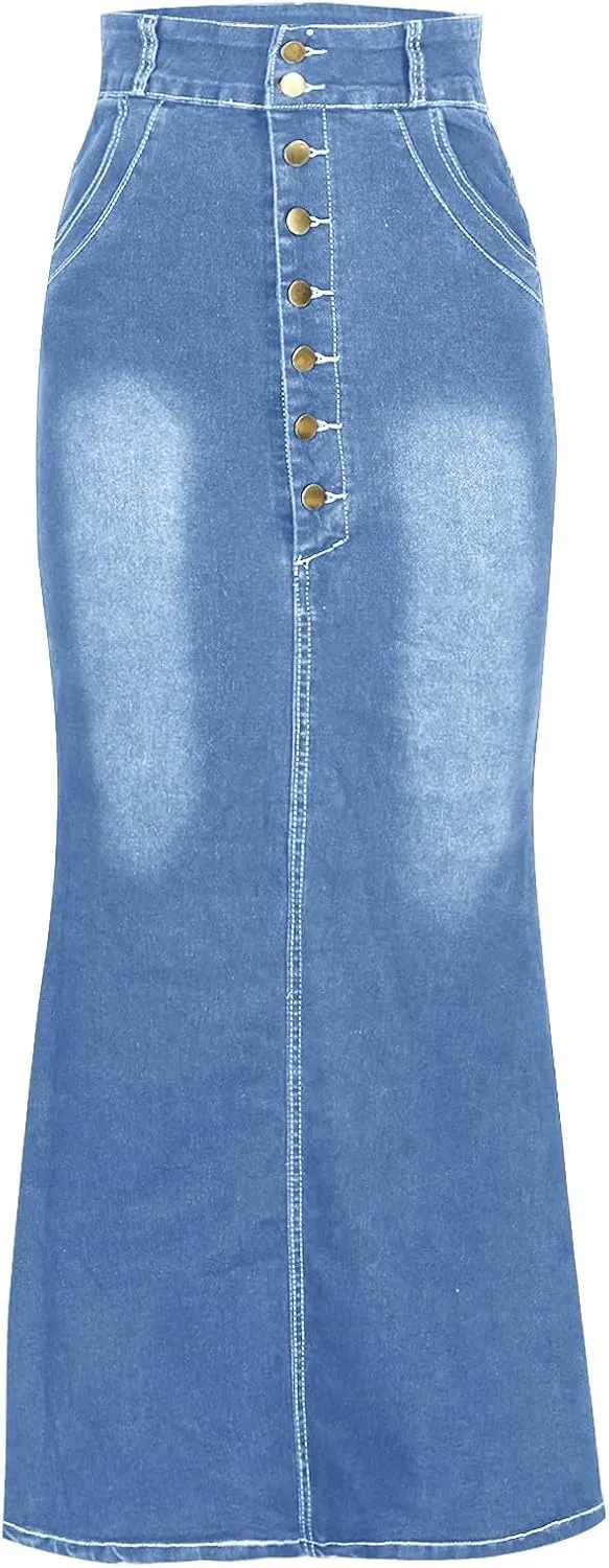 Long Skirts for Women Hip-Wrapped Buttons Denim Skirt A-Line Maxi Jean Skirts Trendy Slim Jeans Skirt with Pocket