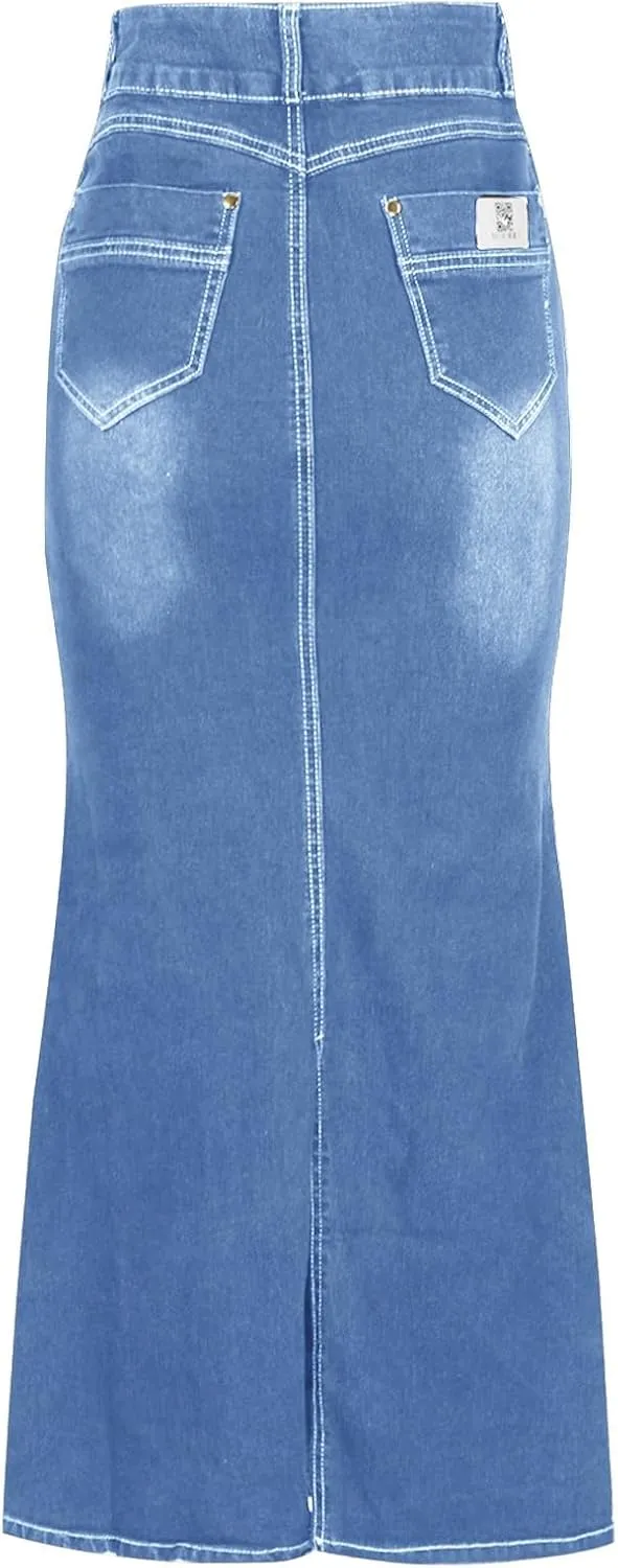 Long Skirts for Women Hip-Wrapped Buttons Denim Skirt A-Line Maxi Jean Skirts Trendy Slim Jeans Skirt with Pocket