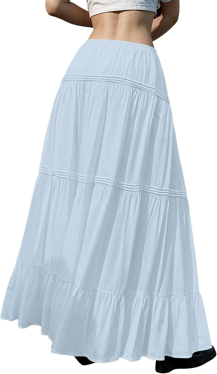 Long Skirts for Women Trendy Boho Maxi Skirt Summer Flowy Swing Tiered A-Line Elastic High Waist Dress