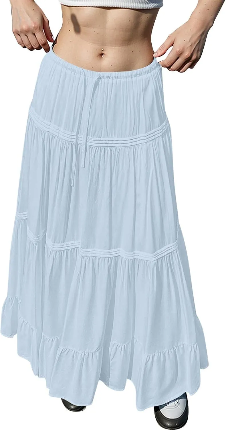 Long Skirts for Women Trendy Boho Maxi Skirt Summer Flowy Swing Tiered A-Line Elastic High Waist Dress