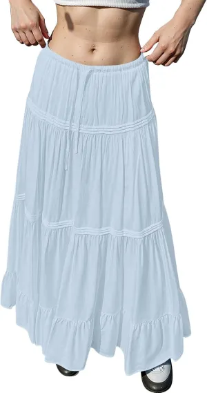 Long Skirts for Women Trendy Boho Maxi Skirt Summer Flowy Swing Tiered A-Line Elastic High Waist Dress