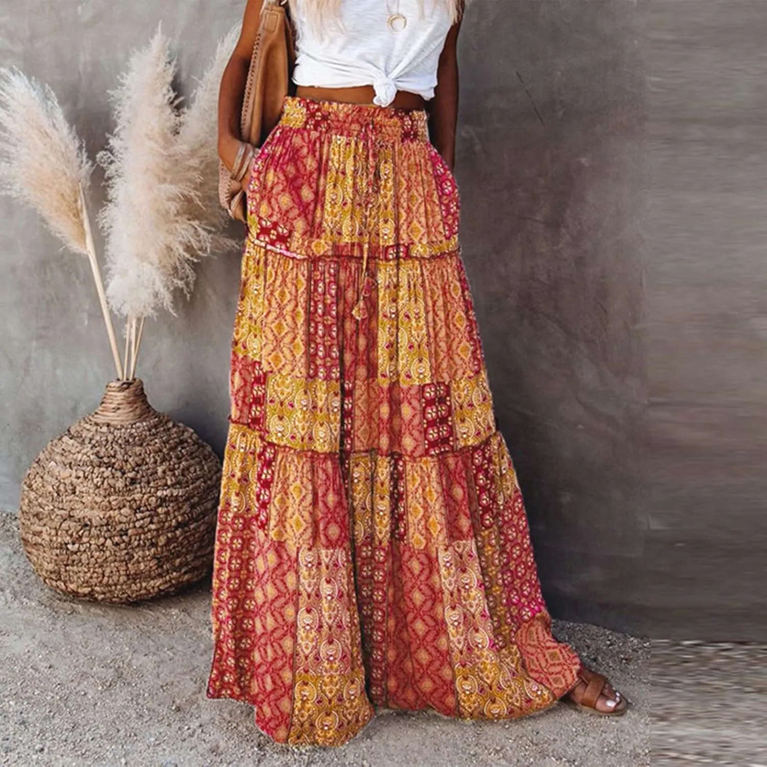 Long Skirts,Trendy Flowy Skirts for Women 2025 Elastic High Waisted Pleated Womens Boho Maxi Skirt with Pockets