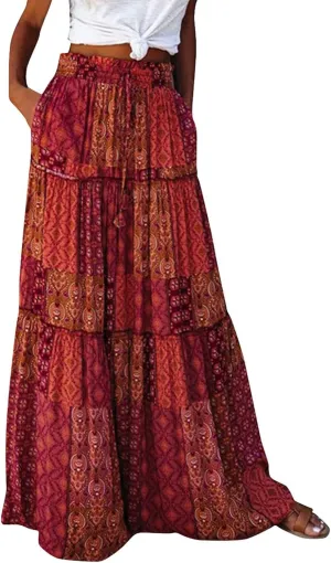 Long Skirts,Trendy Flowy Skirts for Women 2025 Elastic High Waisted Pleated Womens Boho Maxi Skirt with Pockets