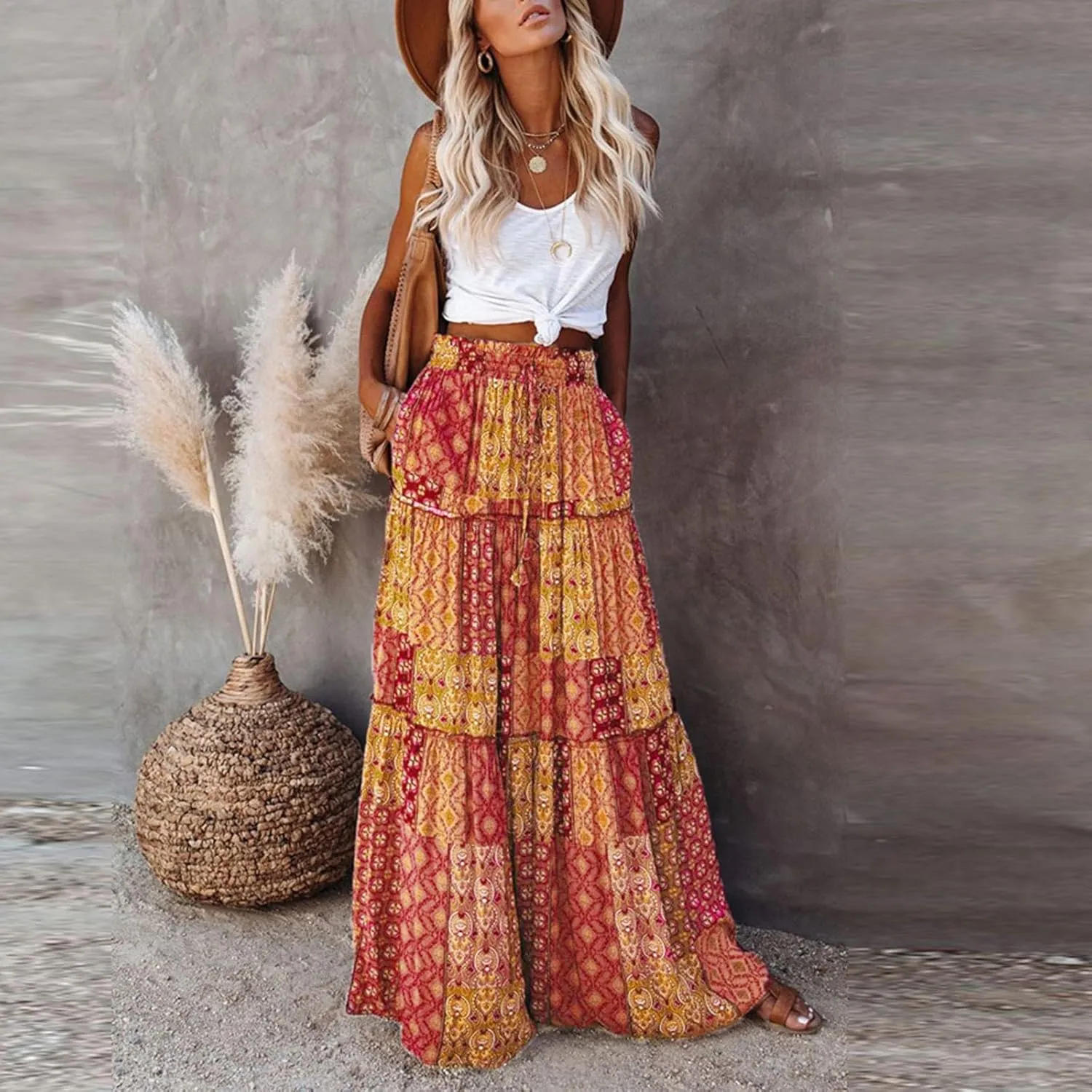 Long Skirts,Trendy Flowy Skirts for Women 2025 Elastic High Waisted Pleated Womens Boho Maxi Skirt with Pockets