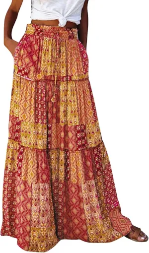 Long Skirts,Trendy Flowy Skirts for Women 2025 Elastic High Waisted Pleated Womens Boho Maxi Skirt with Pockets