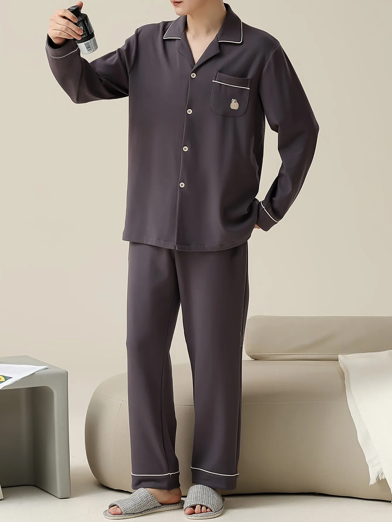 Mandarin Brand Men's Cotton Pajama Set - Casual & Stylish Long Sleeve Top with Pockets, Comfortable Loungewear for Spring/Fall