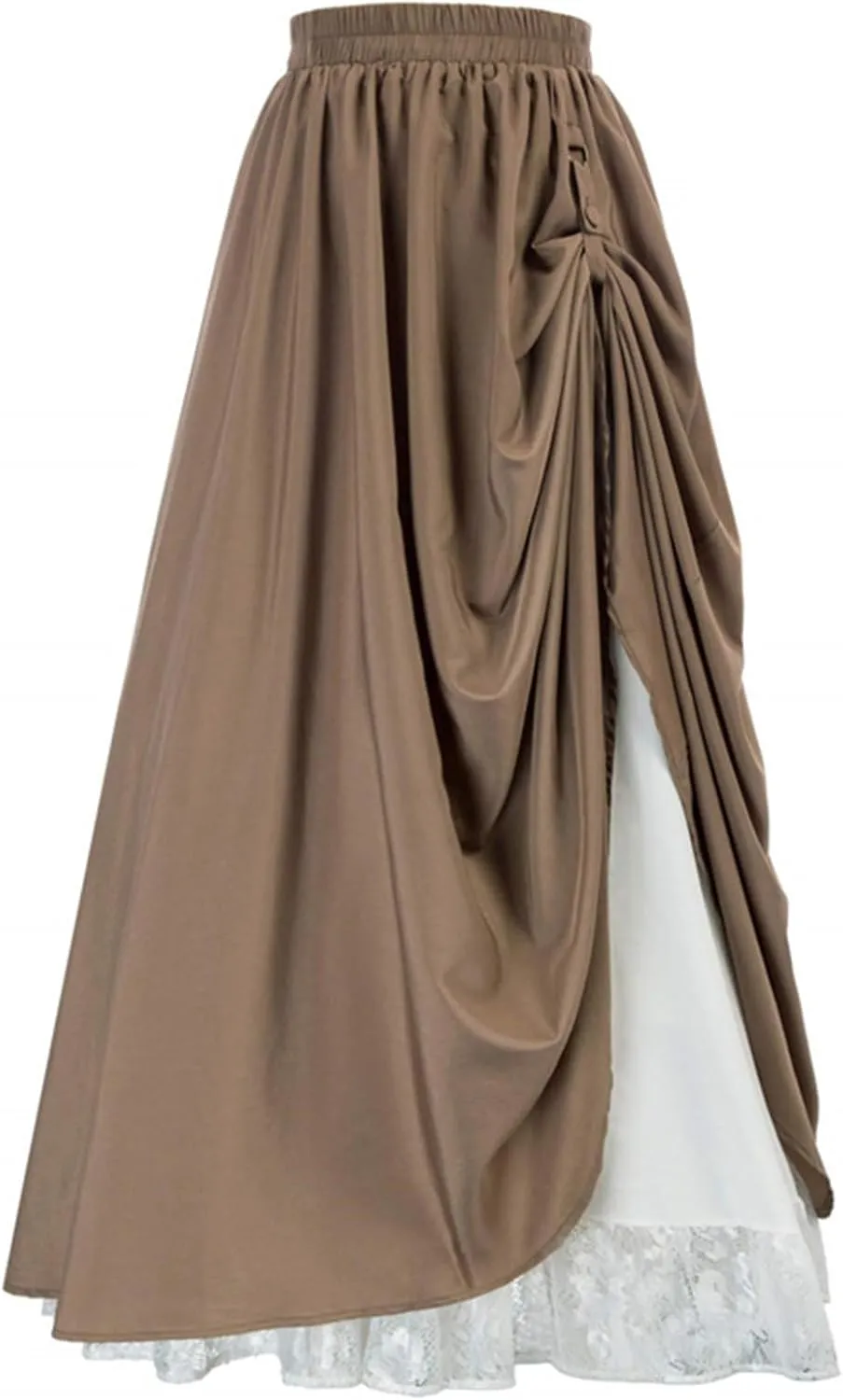 Maxi Long Skirt for Women Vintage Renaissance High Waist Double Layered Skirts Side Ruched Lace Hem Retro Skirt