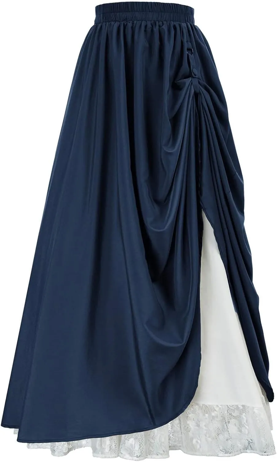 Maxi Long Skirt for Women Vintage Renaissance High Waist Double Layered Skirts Side Ruched Lace Hem Retro Skirt