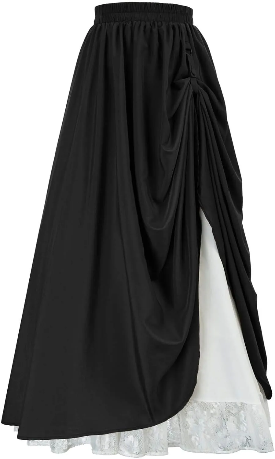 Maxi Long Skirt for Women Vintage Renaissance High Waist Double Layered Skirts Side Ruched Lace Hem Retro Skirt