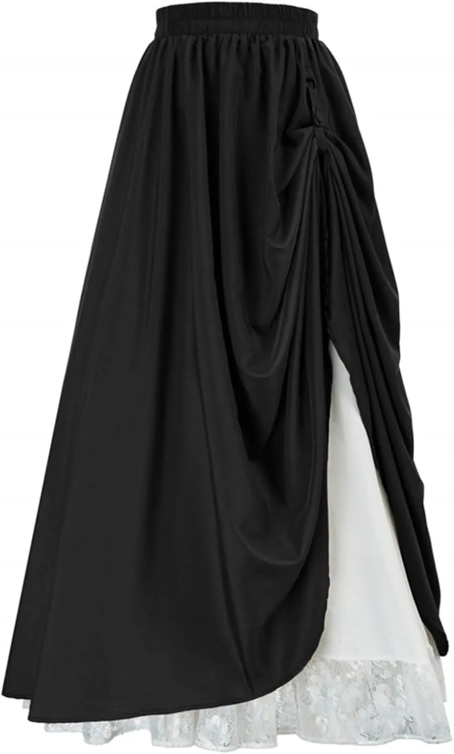 Maxi Long Skirt for Women Vintage Renaissance High Waist Double Layered Skirts Side Ruched Lace Hem Retro Skirt
