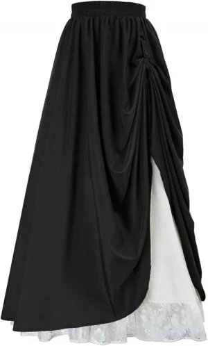 Maxi Long Skirt for Women Vintage Renaissance High Waist Double Layered Skirts Side Ruched Lace Hem Retro Skirt