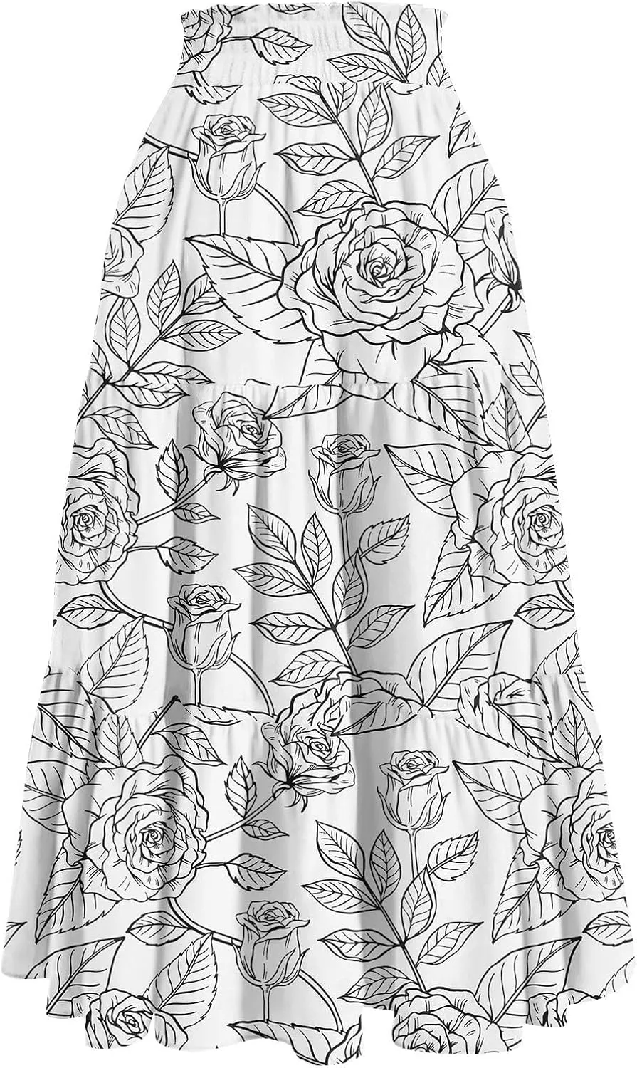 Maxi Skirt for Women Flowy Floral Print A-Line Maxi Summer Skirt Drawstring Elastic High Waist Pleated Tiered Skirts