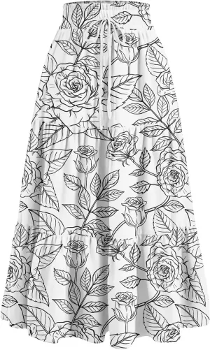 Maxi Skirt for Women Flowy Floral Print A-Line Maxi Summer Skirt Drawstring Elastic High Waist Pleated Tiered Skirts