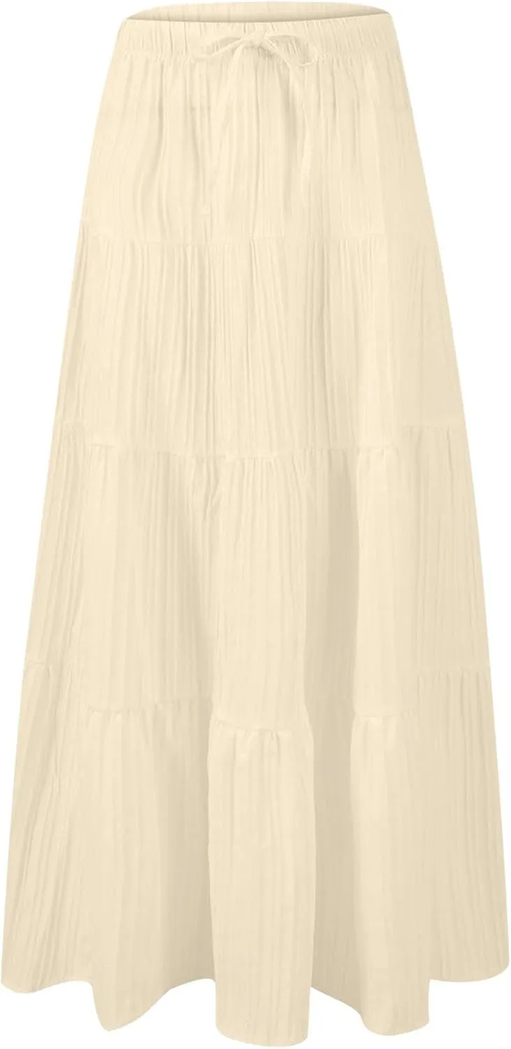 Maxi Skirts for Women Beach Boho Tiered Flowy Swing Midi Skirt Elastic Drawstring Waist Layered Pleated Long Skirt