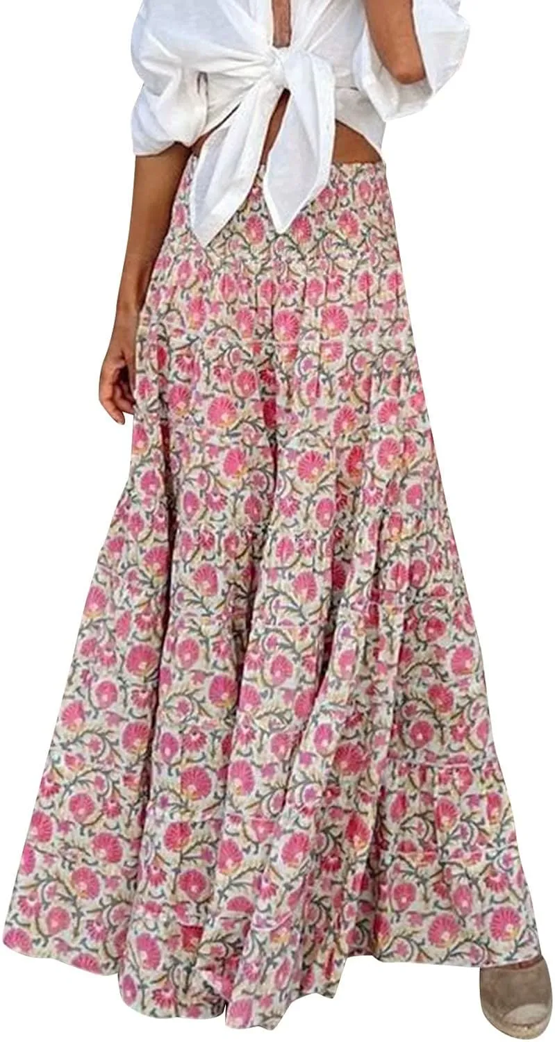 Maxi Skirts for Women Summer Elastic High Waist Boho Casual Drawstring A Line Long Skirt Beach Summer Pleated(Pink,Large)