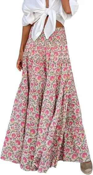 Maxi Skirts for Women Summer Elastic High Waist Boho Casual Drawstring A Line Long Skirt Beach Summer Pleated(Pink,Large)